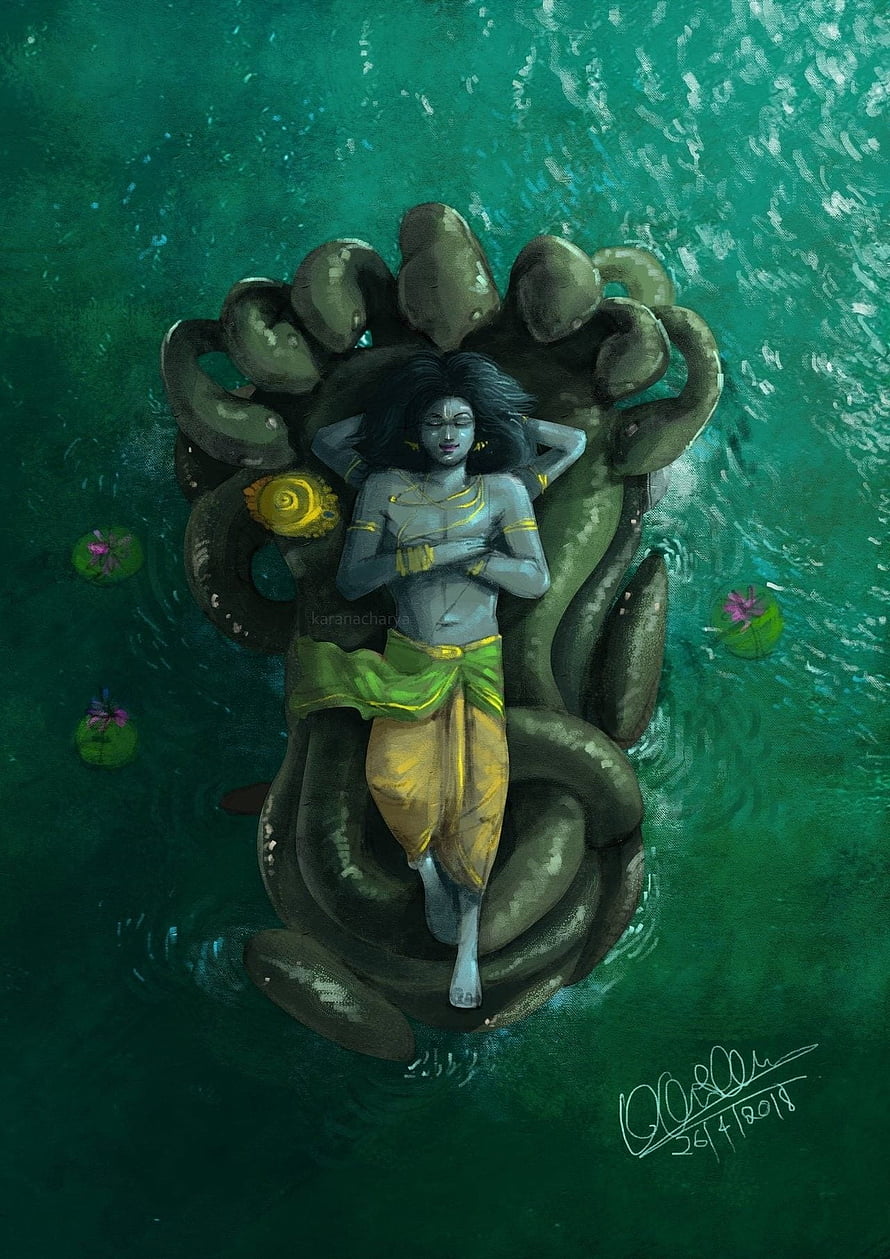 Krishna Reclining on Serpents in a Lotus Pond HD phone wallpaper