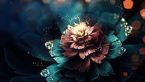 Glowing Fantasy Fractal Flower with Golden Sparkles and Teal Petals HD wallpaper