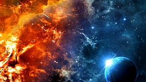 Fiery Nebula and Blue Planet in Deep Space with Shooting Stars HD wallpaper