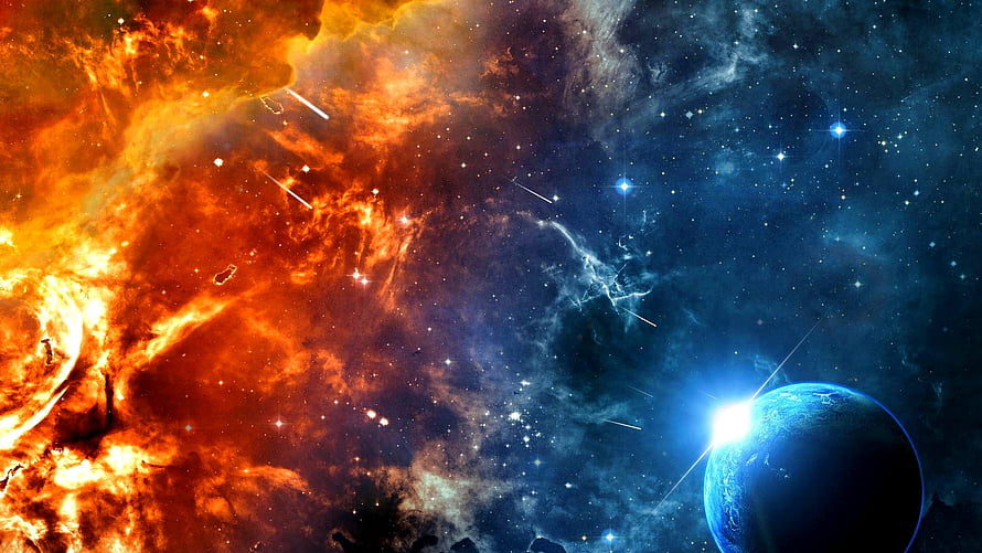 Fiery Nebula and Blue Planet in Deep Space with Shooting Stars HD wallpaper