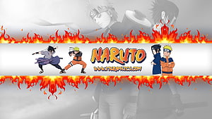 Naruto Anime Banner Featuring Sasuke and Naruto in Dynamic Action Poses with Fiery Flame Borders HD wallpaper