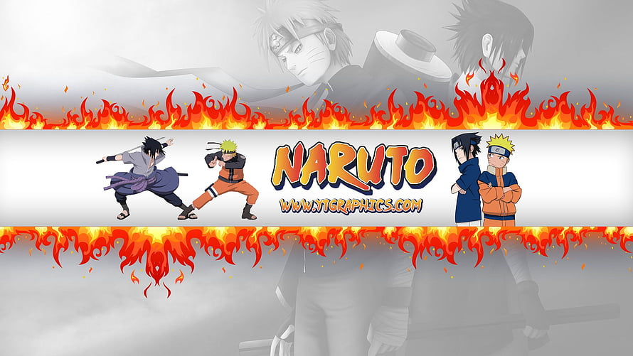 Naruto Anime Banner Featuring Sasuke and Naruto in Dynamic Action Poses with Fiery Flame Borders HD wallpaper