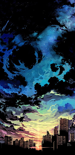Anime Style City Skyline at Sunset with Dramatic Starry Night Sky and Clouds HD phone wallpaper