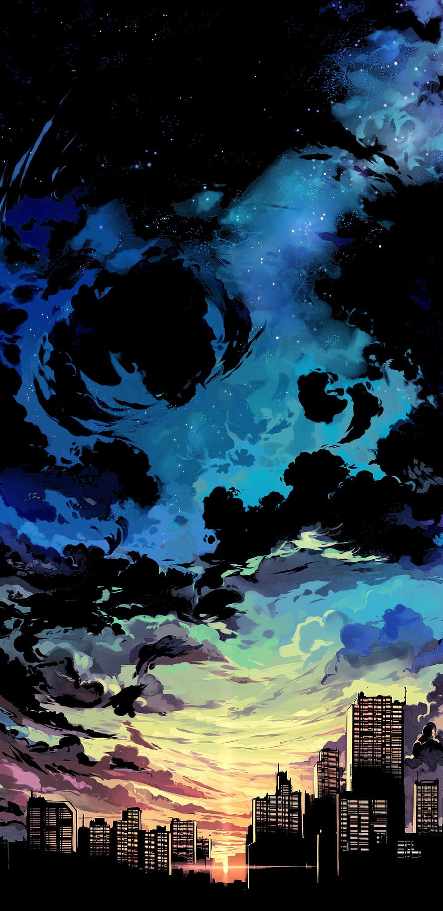 Anime Style City Skyline at Sunset with Dramatic Starry Night Sky and Clouds HD phone wallpaper