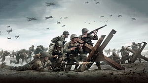 Call of Duty WWII Beach Assault with Machine Guns and Airborne Aircraft HD wallpaper