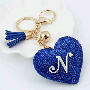 Blue Rhinestone Heart Keychain with Gold Letter N and Tassel Charm HD phone wallpaper