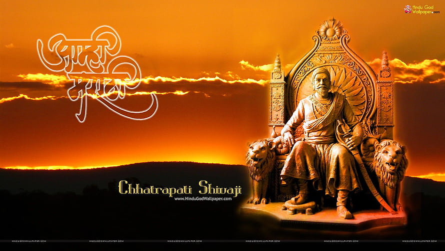 Chhatrapati Shivaji Maharaj Statue Seated on Royal Throne with Lions at Sunset HD wallpaper
