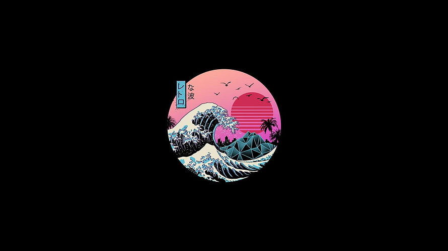Retro Synthwave Great Wave off Kanagawa with Neon Sunset and Geometric Mountain HD wallpaper