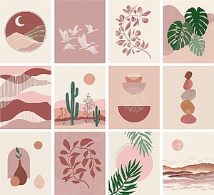 Boho Desert Wall Art Collage Set with Cactus, Monstera, and Abstract Landscape Prints HD wallpaper