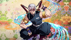 Tengen Uzui Demon Slayer Anime Character Artwork with Dual Swords and Floral Background HD wallpaper
