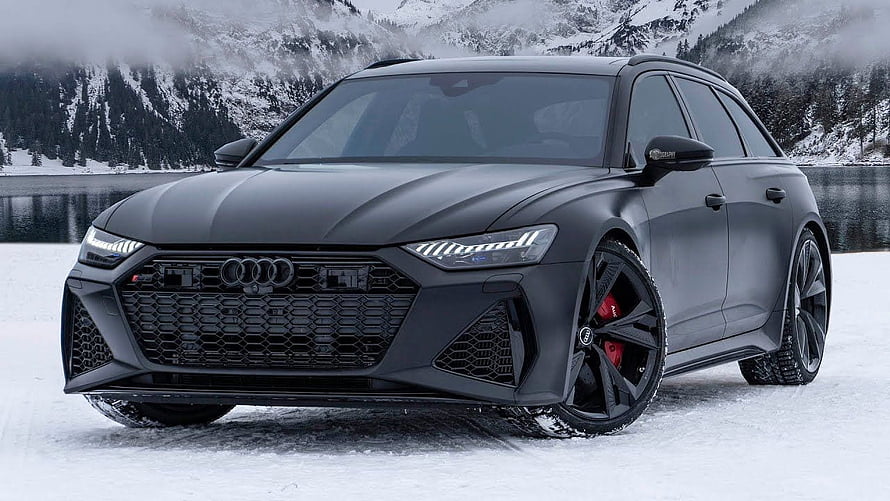 Matte Black Audi RS6 Avant ABT in Snowy Mountain Landscape HD wallpaper