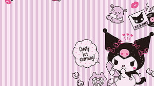Kuromi Kawaii Character on Pink Striped Background with Speech Bubble and Hearts HD wallpaper