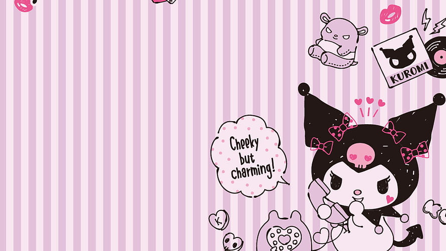 Kuromi Kawaii Character on Pink Striped Background with Speech Bubble and Hearts HD wallpaper