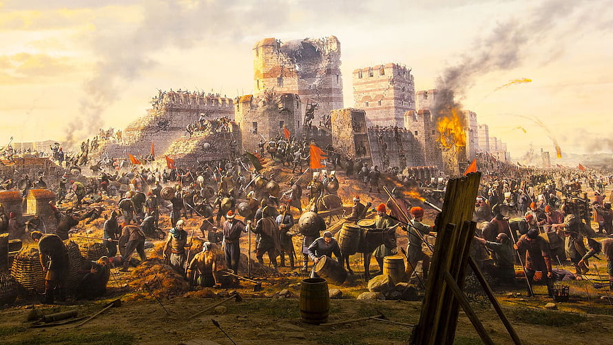 Medieval Siege of Constantinople Castle with Burning Walls and Armored Soldiers HD wallpaper