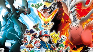 Pokémon X and Y Legendary Pokémon Battle Scene with Ash and Pikachu HD wallpaper