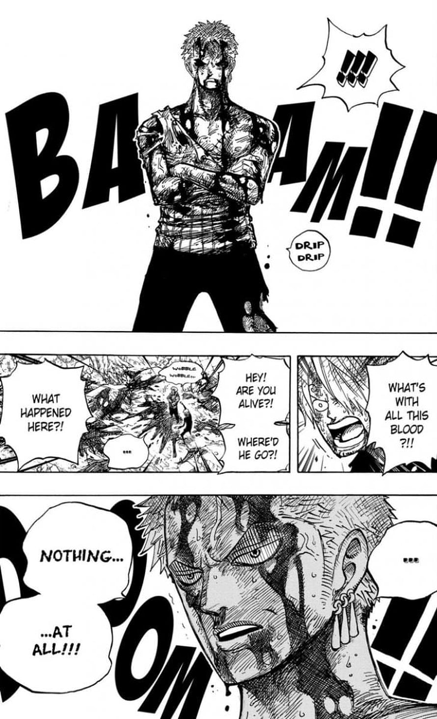 One Piece Manga Panel: Bloodied Character Standing in Dramatic Black and White Scene HD phone wallpaper