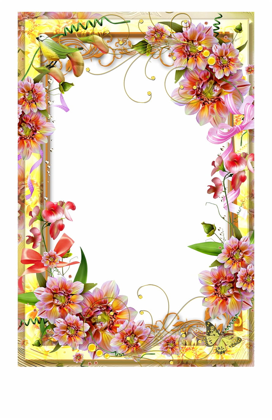 Elegant Floral Border Frame with Bird and Butterfly on Golden Background HD phone wallpaper