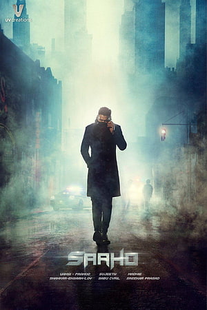Prabhas as Saaho in a moody urban thriller poster with fog and neon city lights HD phone wallpaper