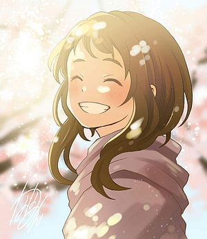 Smiling Anime Girl with Brown Hair Under Cherry Blossoms HD phone wallpaper