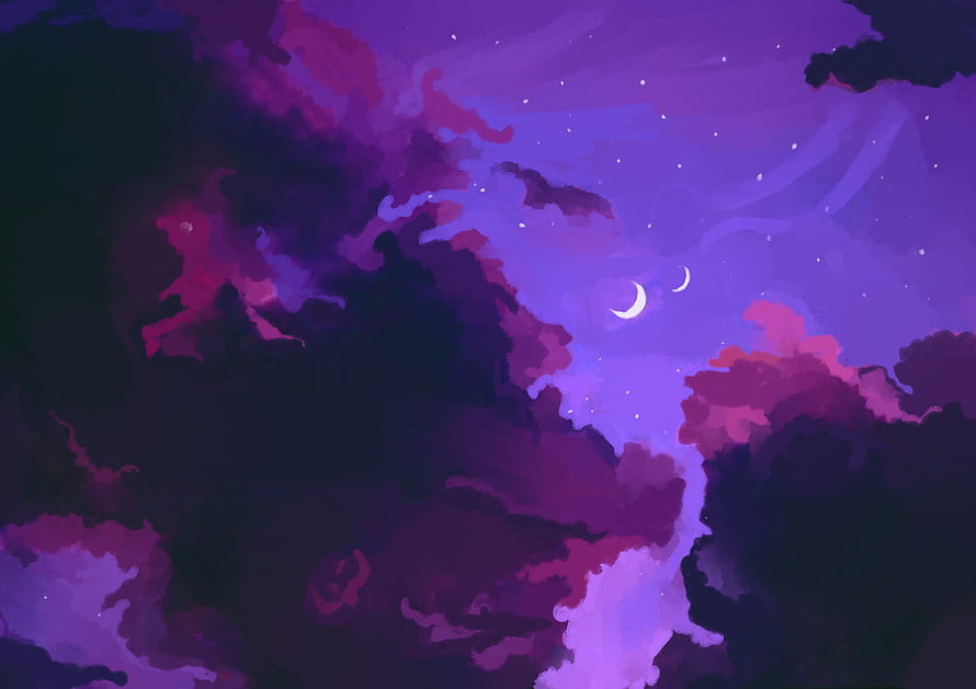 Dreamy Purple Night Sky with Crescent Moons and Swirling Clouds HD wallpaper