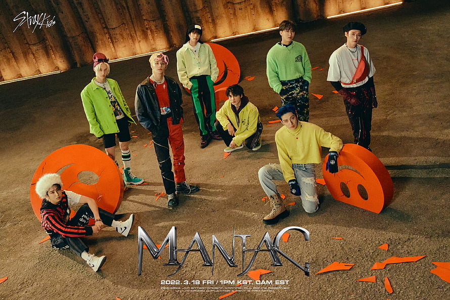 Stray Kids Maniac Concept Photo with Orange Props and Industrial Backdrop HD wallpaper