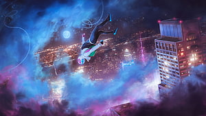 Spider Gwen Falling Through Neon Cityscape in Into the Spider Verse Style HD wallpaper