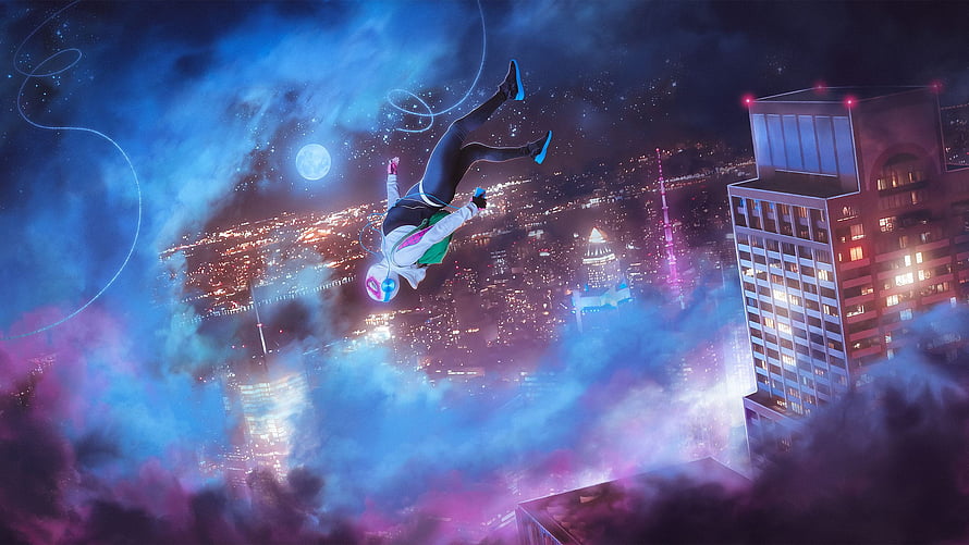 Spider Gwen Falling Through Neon Cityscape in Into the Spider Verse Style HD wallpaper