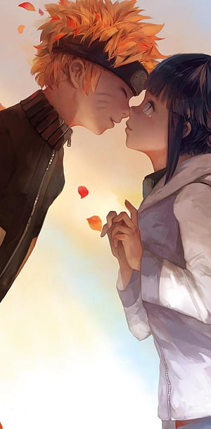 Naruto and Hinata Anime Couple Artwork with Falling Petals HD phone wallpaper