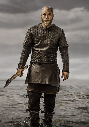 Ragnar Lothbrok Viking Warrior Standing in Shallow Water with Axe HD phone wallpaper