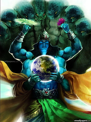 Lord Vishnu Holding Earth with Serpent Aura and Cosmic Energy HD phone wallpaper