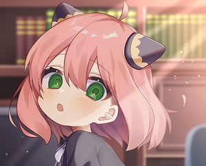 Anya Forger from Spy x Family with pink hair and green eyes in a cozy library setting HD wallpaper