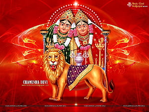 Chamunda Devi Hindu Goddess Artwork with Lion Mount and Red Background HD wallpaper