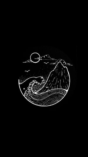 Minimalist Black and White Line Art of a Mountain and Ocean Wave in a Circular Frame HD phone wallpaper