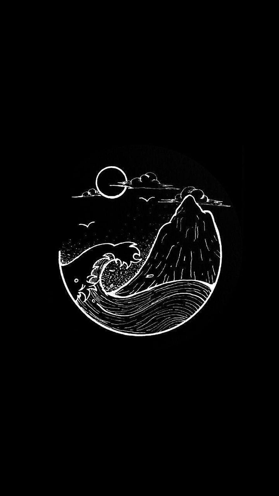 Minimalist Black and White Line Art of a Mountain and Ocean Wave in a Circular Frame HD phone wallpaper