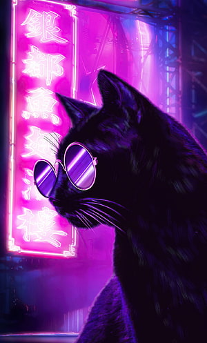 Stylish Black Cat Wearing Round Sunglasses in a Neon Purple Cyberpunk Cityscape HD phone wallpaper