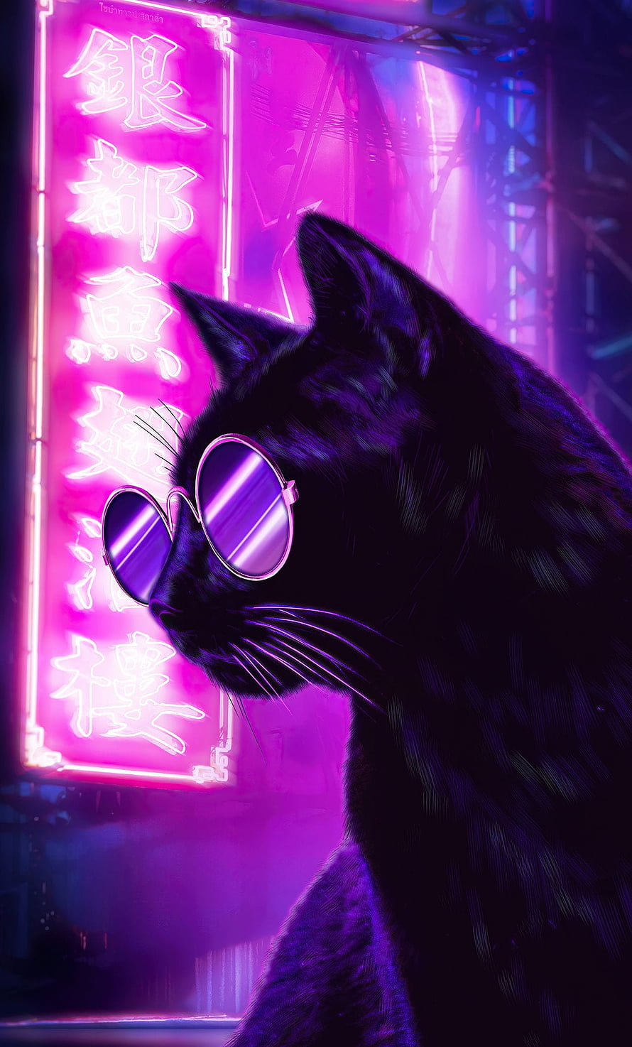 Stylish Black Cat Wearing Round Sunglasses in a Neon Purple Cyberpunk Cityscape HD phone wallpaper