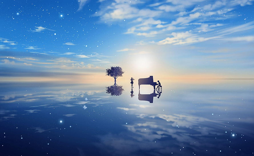 Your Lie in April Silhouette Scene with Piano and Tree on Reflective Water Surface HD wallpaper