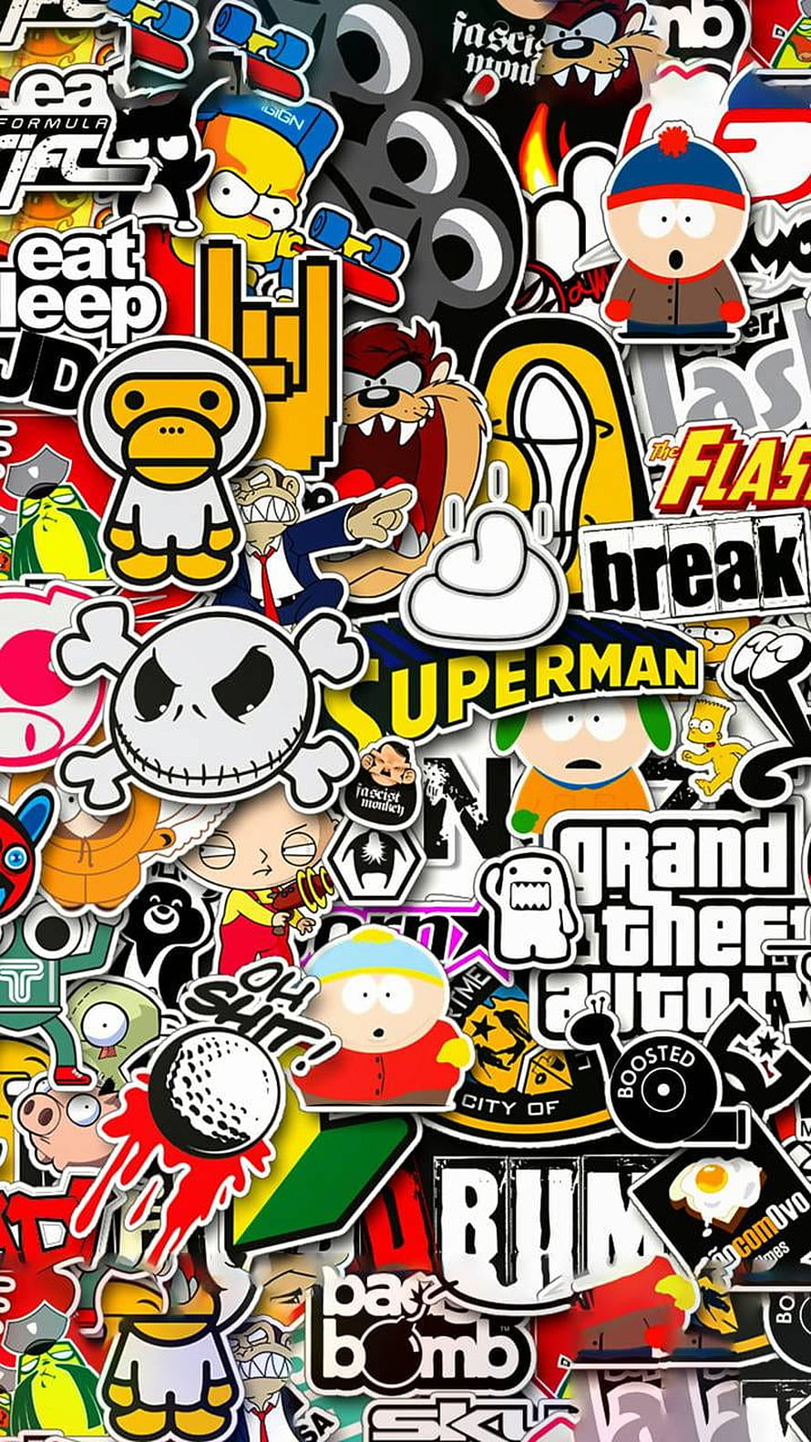 Colorful Pop Culture Sticker Bomb Collage Featuring South Park, Jack Skellington, and Grand Theft Auto HD phone wallpaper