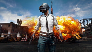 PlayerUnknown's Battlegrounds Soldier in White Shirt Amidst Urban Explosion HD wallpaper