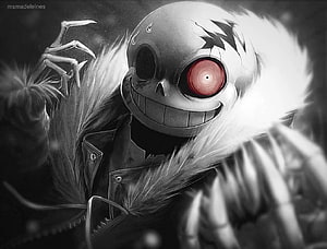 Horror!Sans with glowing red eye and cracked skull in dark monochrome digital art HD wallpaper