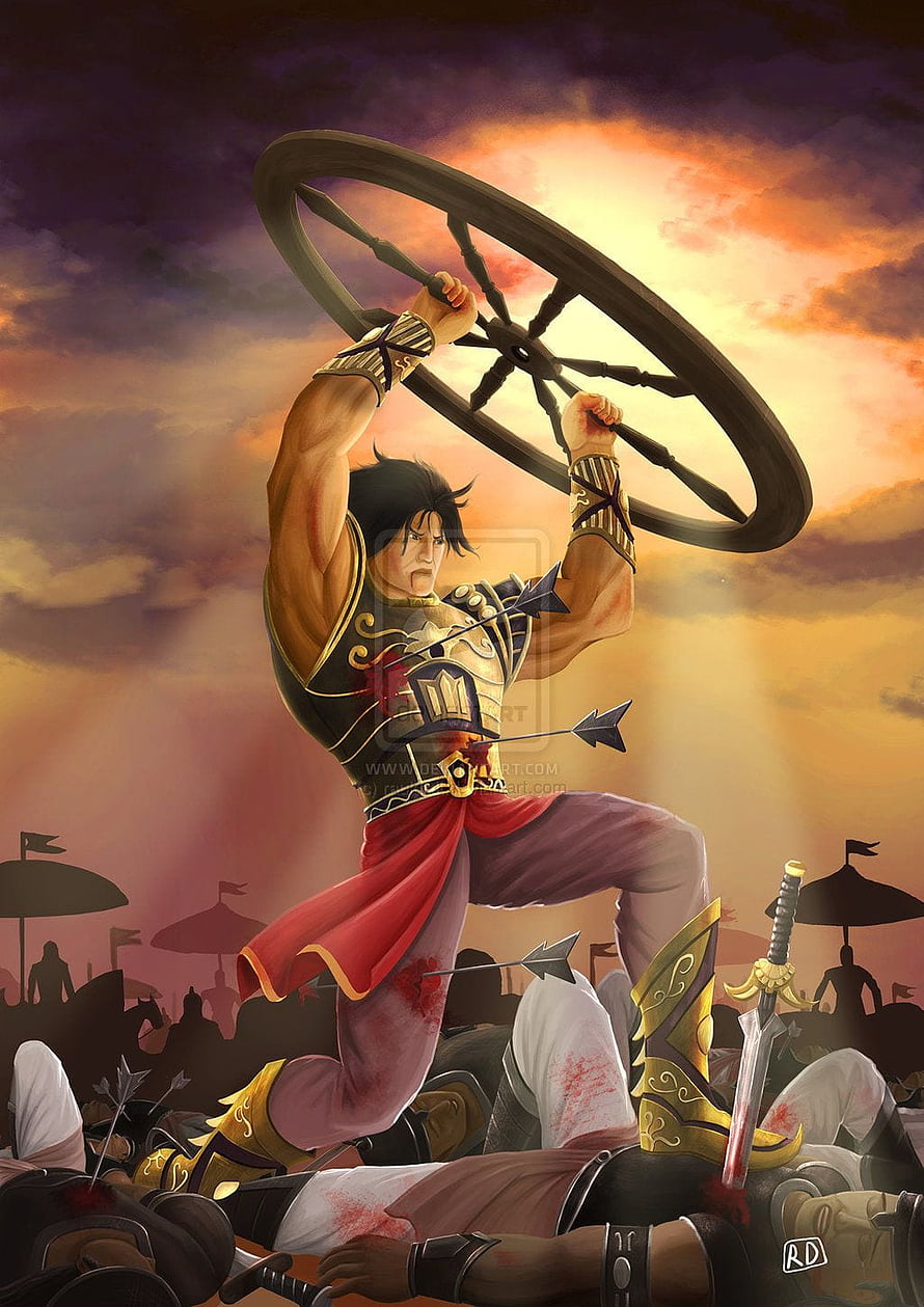 Karna from Mahabharata wielding a chariot wheel in epic battle scene HD phone wallpaper