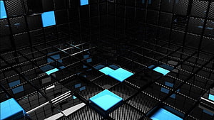 Futuristic 3D Grid Room with Glowing Cyan Tiles and Dark Reflective Surfaces HD wallpaper