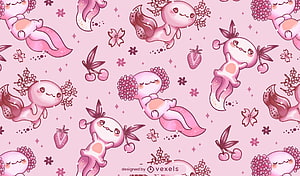 Cute Pink Axolotl Kawaii Pattern with Cherry Blossoms and Berries HD wallpaper
