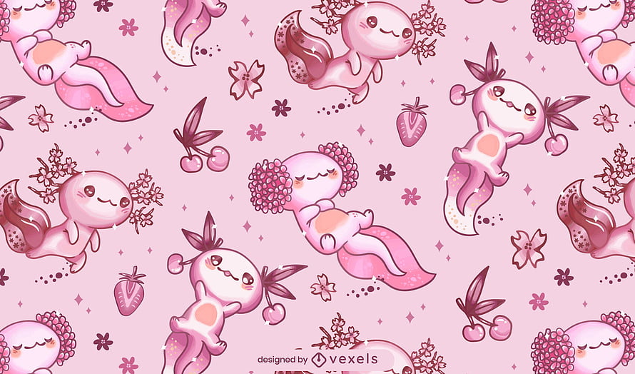 Cute Pink Axolotl Kawaii Pattern with Cherry Blossoms and Berries HD wallpaper
