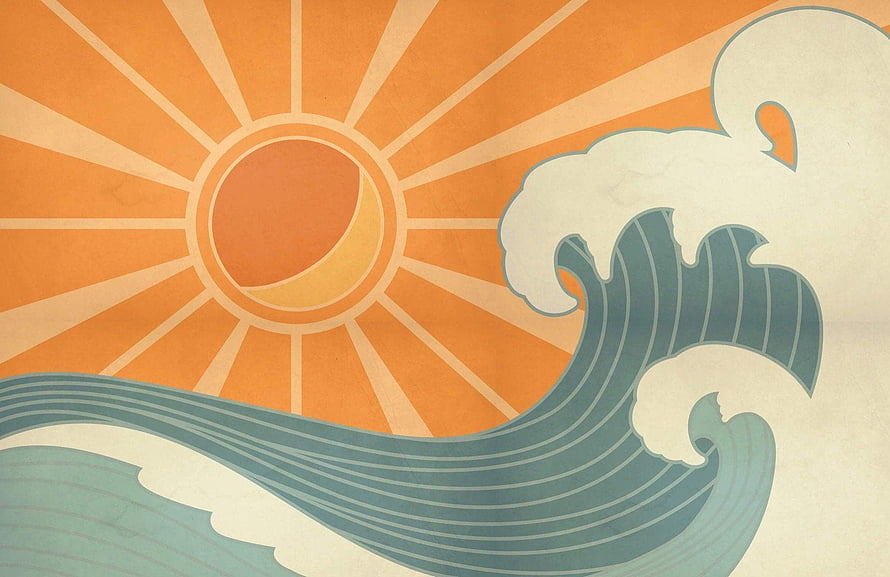 Retro Japanese Wave and Sun Artwork in Warm Orange and Teal Tones HD wallpaper