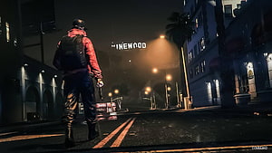 GTA V Vinewood Night Scene with Character in Red Jacket on Rainy Street HD wallpaper