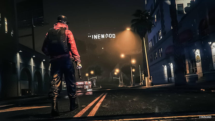 GTA V Vinewood Night Scene with Character in Red Jacket on Rainy Street HD wallpaper