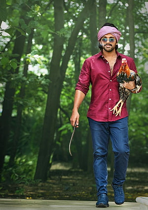 Ala Vaikunthapurramuloo promotional still featuring a man in a maroon shirt holding a rooster and a curved blade in a forest HD phone wallpaper