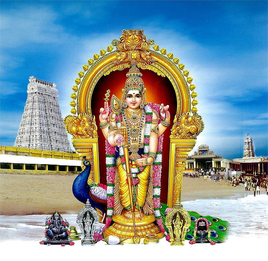 Lord Murugan Statue at Thiruchendur Temple with Peacock and Gopurams HD wallpaper