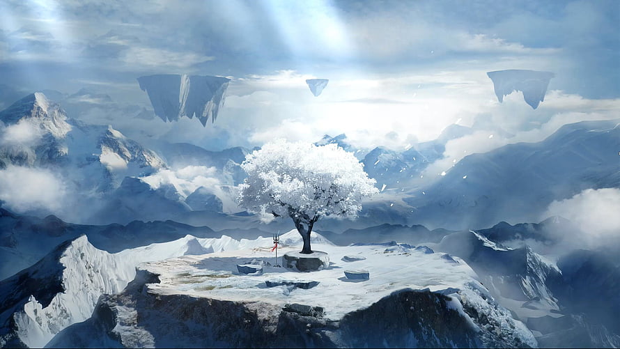 Solitary Snow-Covered Tree on a Frozen Mountain Plateau with Floating Islands HD wallpaper